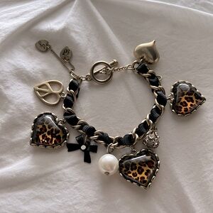 Betsey Johnson Multi Charm Leopard Hearts Pearls Black Cord Gold Chain Bracelet